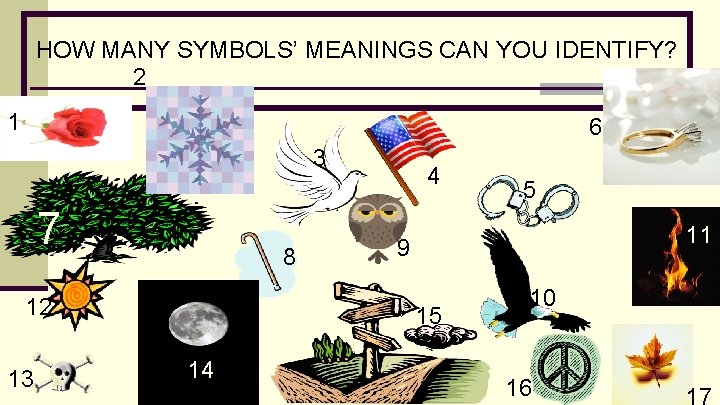 HOW MANY SYMBOLS’ MEANINGS CAN YOU IDENTIFY? 2 1 6 3 7 8 12