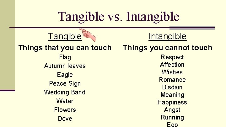 Tangible vs. Intangible Tangible Intangible Things that you can touch Things you cannot touch