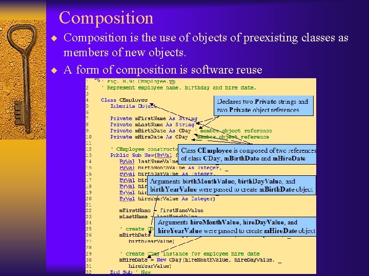 Composition ¨ Composition is the use of objects of preexisting classes as members of