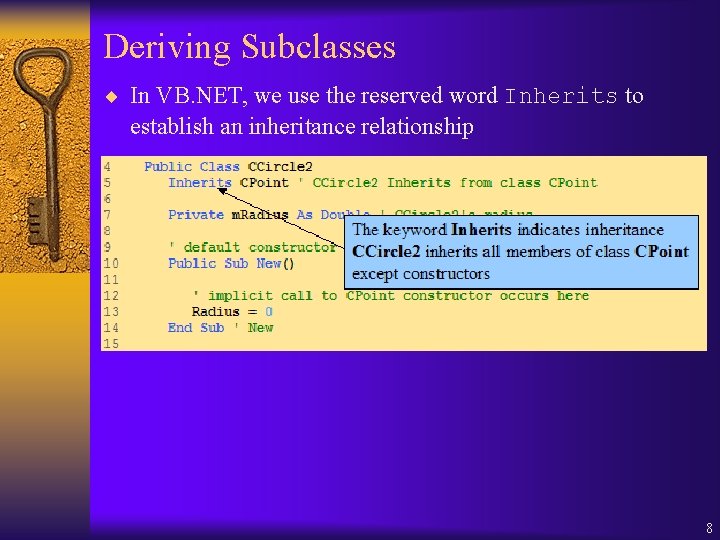 Deriving Subclasses ¨ In VB. NET, we use the reserved word Inherits to establish