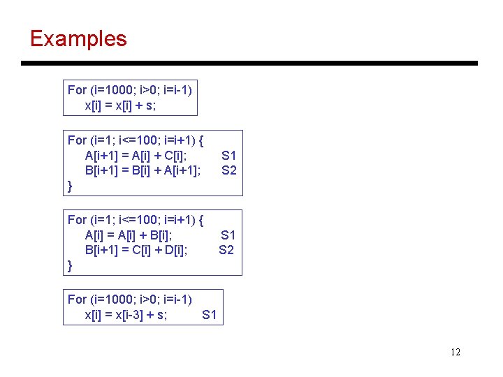 Examples For (i=1000; i>0; i=i-1) x[i] = x[i] + s; For (i=1; i<=100; i=i+1)