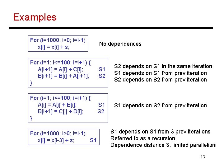 Examples For (i=1000; i>0; i=i-1) x[i] = x[i] + s; No dependences For (i=1;