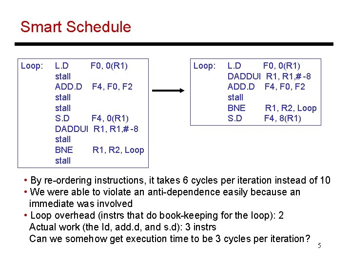 Smart Schedule Loop: L. D F 0, 0(R 1) stall ADD. D F 4,