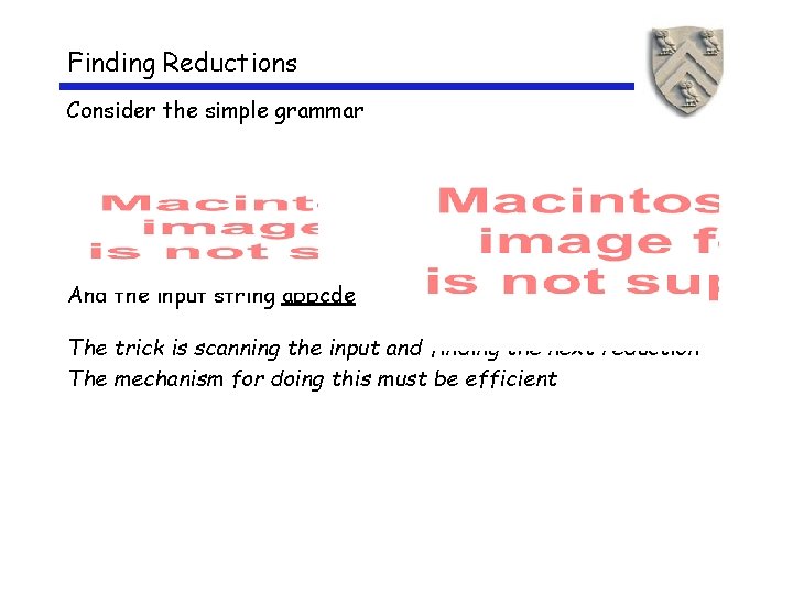 Finding Reductions Consider the simple grammar And the input string abbcde The trick is