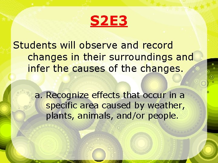 S 2 E 3 Students will observe and record changes in their surroundings and