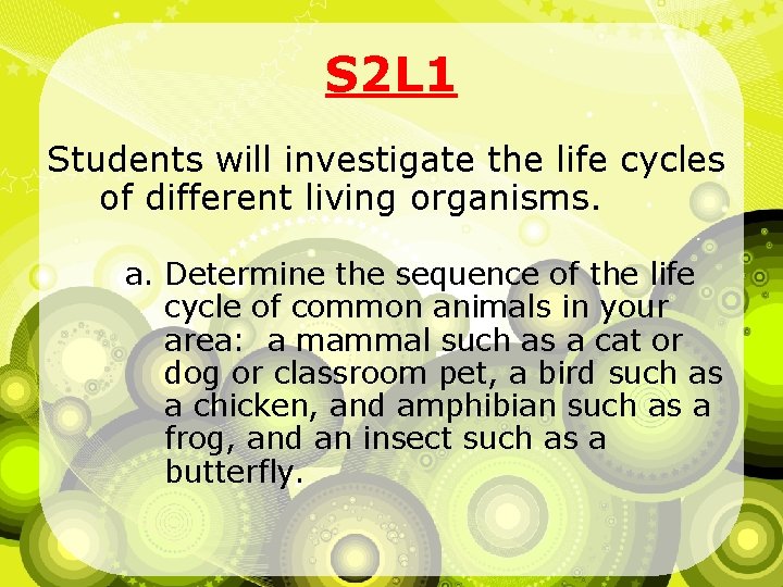 S 2 L 1 Students will investigate the life cycles of different living organisms.