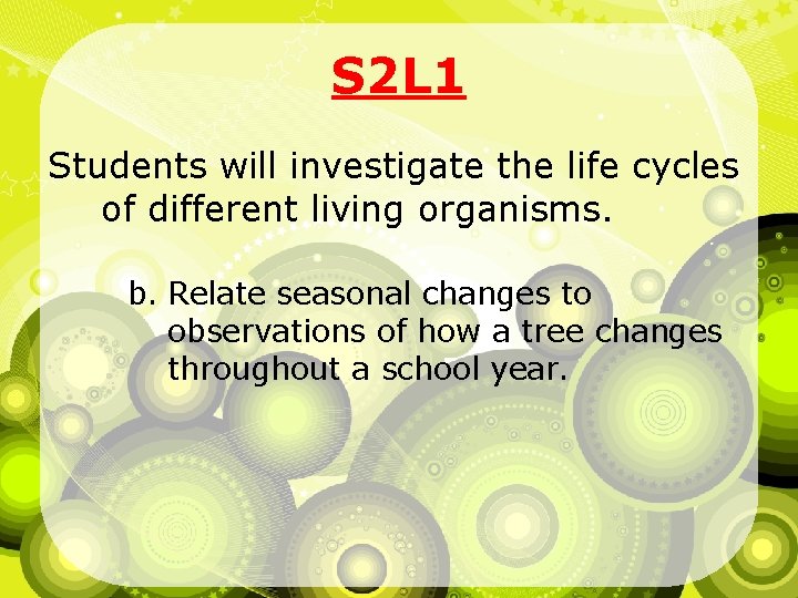 S 2 L 1 Students will investigate the life cycles of different living organisms.