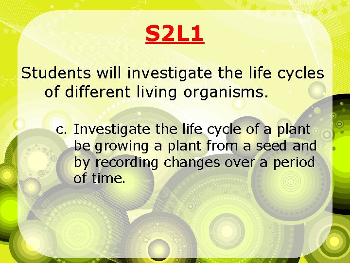 S 2 L 1 Students will investigate the life cycles of different living organisms.