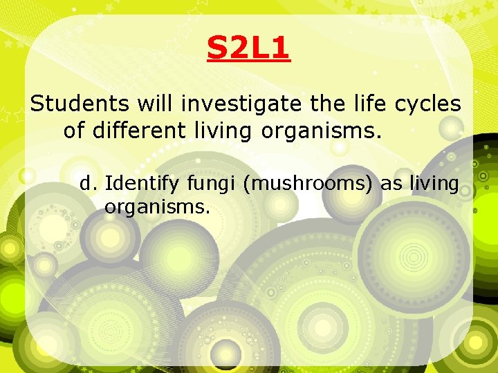 S 2 L 1 Students will investigate the life cycles of different living organisms.