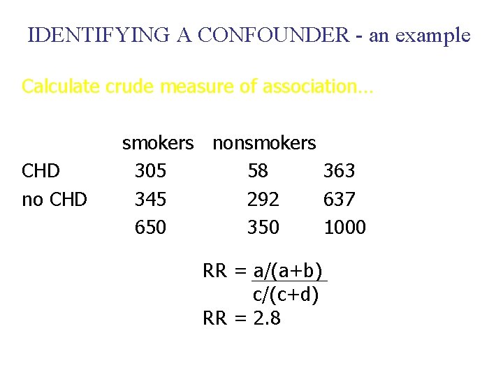 IDENTIFYING A CONFOUNDER - an example Calculate crude measure of association… CHD no CHD