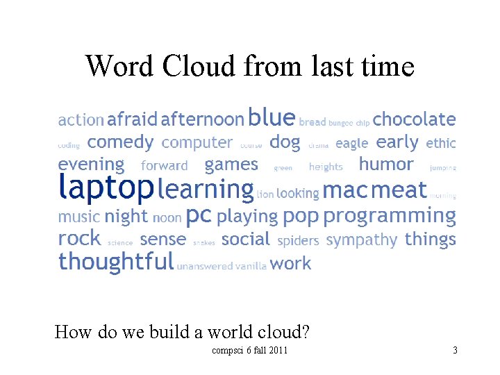 Word Cloud from last time How do we build a world cloud? compsci 6 Word Cloud from last time How do we build a world cloud? compsci 6