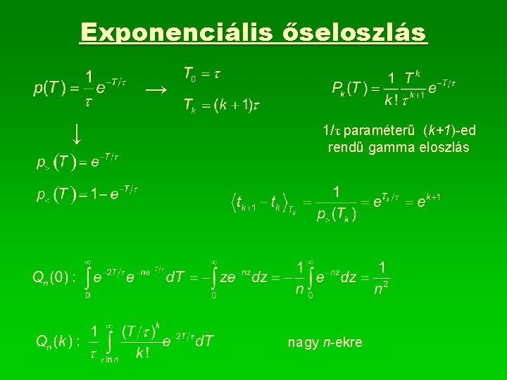 Exponenciális őseloszlás → ↓ 1/τ paraméterű (k+1)-ed rendű gamma eloszlás nagy n-ekre 