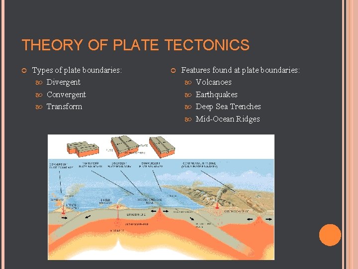 THEORY OF PLATE TECTONICS Types of plate boundaries: Divergent Convergent Transform Features found at