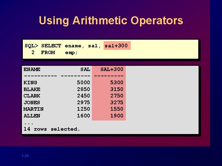 Using Arithmetic Operators SQL> SELECT ename, sal+300 2 FROM emp; ENAME SAL+300 ----- ----KING Using Arithmetic Operators SQL> SELECT ename, sal+300 2 FROM emp; ENAME SAL+300 ----- ----KING