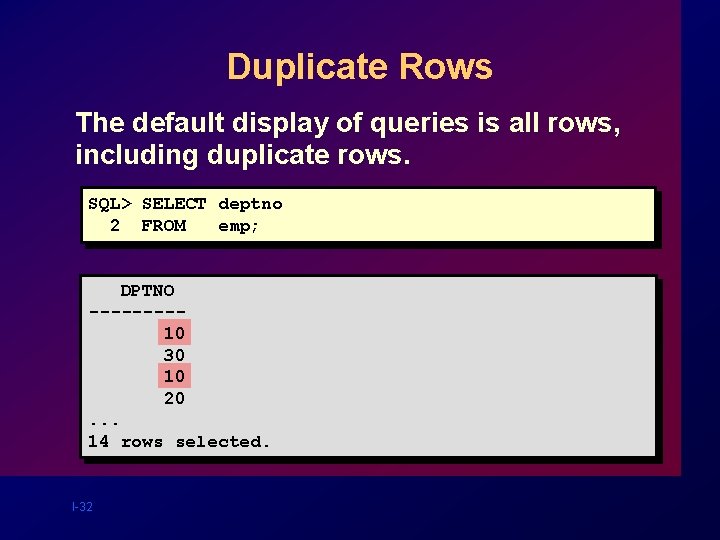 Duplicate Rows The default display of queries is all rows, including duplicate rows. SQL> Duplicate Rows The default display of queries is all rows, including duplicate rows. SQL>