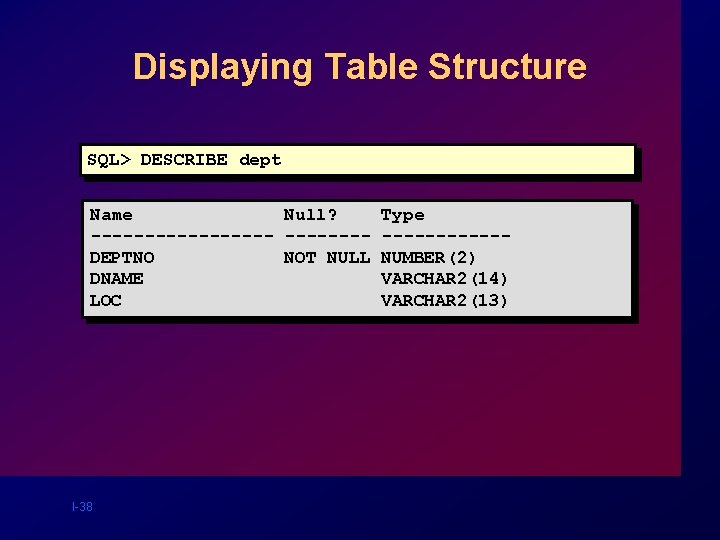 Displaying Table Structure SQL> DESCRIBE dept Name Null? ---------DEPTNO NOT NULL DNAME LOC I-38 Displaying Table Structure SQL> DESCRIBE dept Name Null? ---------DEPTNO NOT NULL DNAME LOC I-38