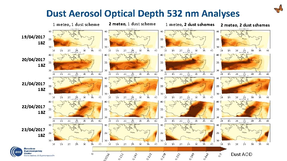 Dust Aerosol Optical Depth 532 nm Analyses 1 meteo, 1 dust scheme 2 meteo,