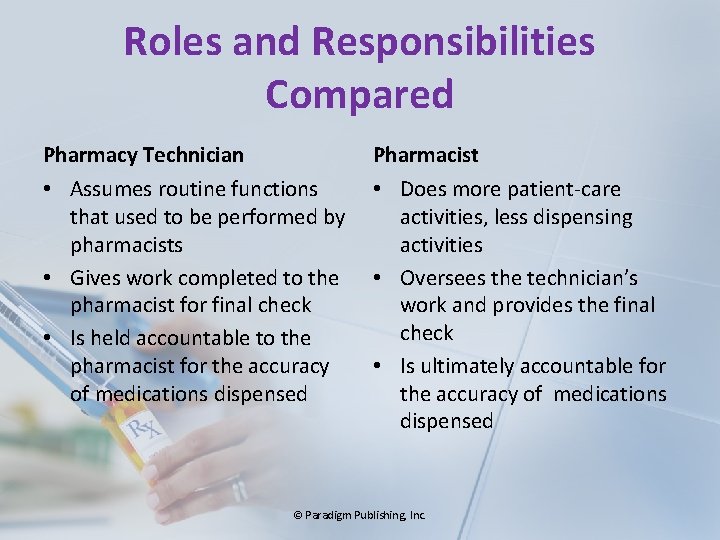 Roles and Responsibilities Compared Pharmacy Technician Pharmacist • Assumes routine functions that used to