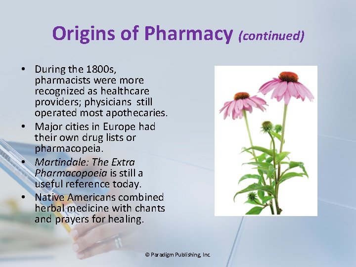 Origins of Pharmacy (continued) • During the 1800 s, pharmacists were more recognized as