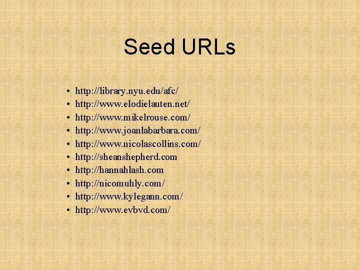 Seed URLs • • • http: //library. nyu. edu/afc/ http: //www. elodielauten. net/ http: