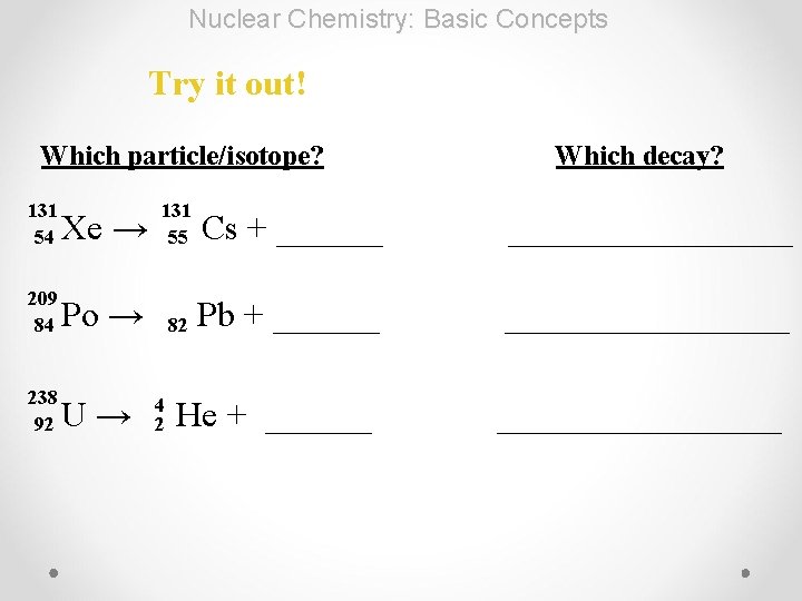 Nuclear Chemistry: Basic Concepts Try it out! Which particle/isotope? 131 54 Which decay? Xe