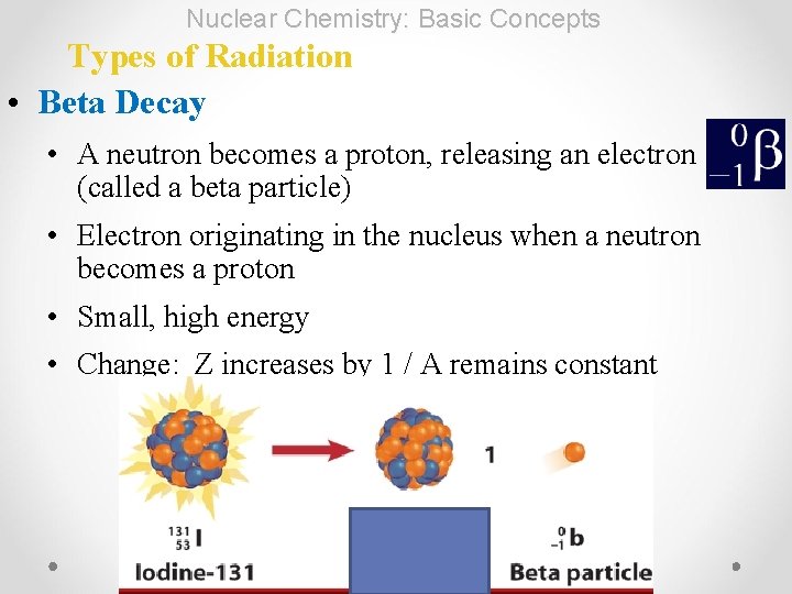 Nuclear Chemistry: Basic Concepts Types of Radiation • Beta Decay • A neutron becomes