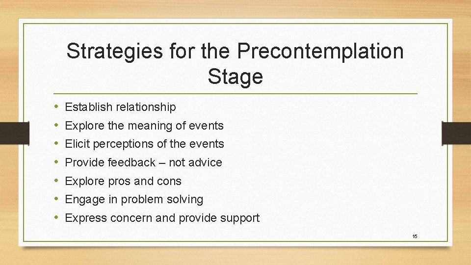 Strategies for the Precontemplation Stage • • Establish relationship Explore the meaning of events
