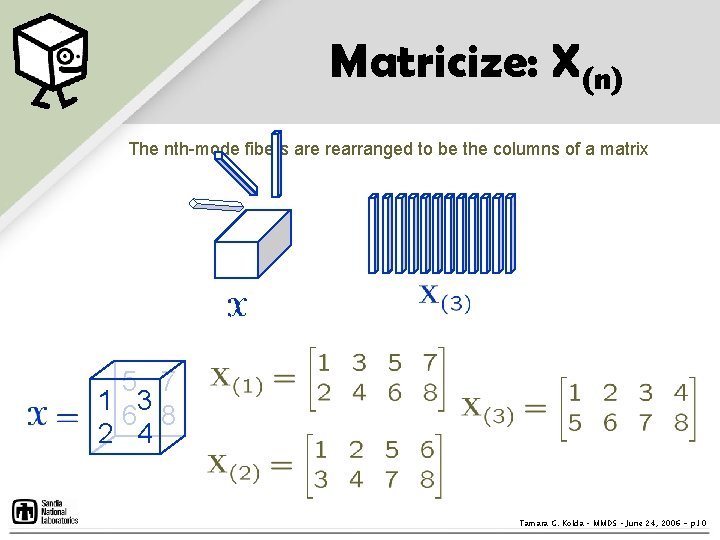Matricize: X(n) The nth-mode fibers are rearranged to be the columns of a matrix Matricize: X(n) The nth-mode fibers are rearranged to be the columns of a matrix