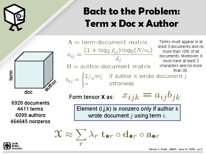 Back to the Problem: Term x Doc x Author term Terms must appear in Back to the Problem: Term x Doc x Author term Terms must appear in