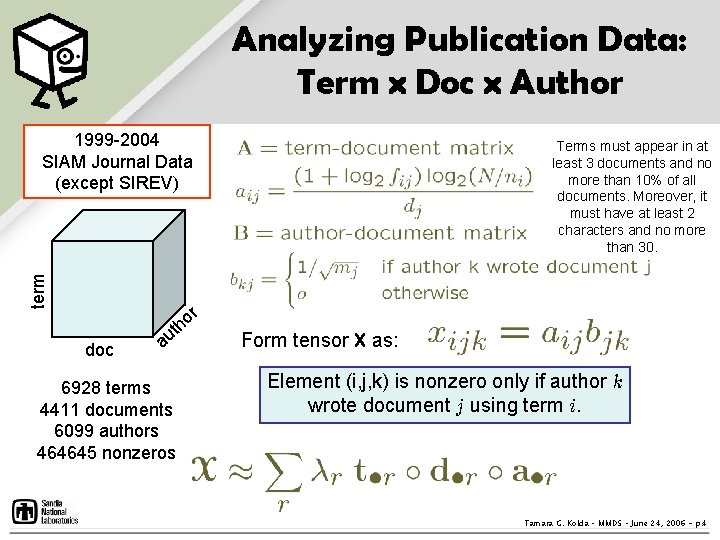 Analyzing Publication Data: Term x Doc x Author term 1999 -2004 SIAM Journal Data Analyzing Publication Data: Term x Doc x Author term 1999 -2004 SIAM Journal Data