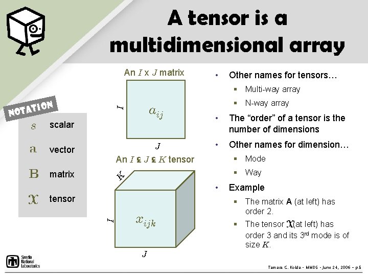 A tensor is a multidimensional array An I x J matrix • Other names A tensor is a multidimensional array An I x J matrix • Other names