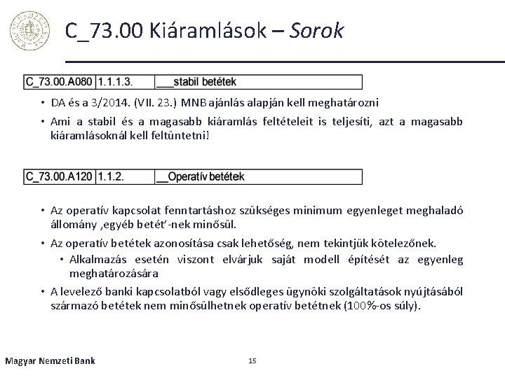 C_73. 00 Kiáramlások – Sorok • DA és a 3/2014. (VII. 23. ) MNB