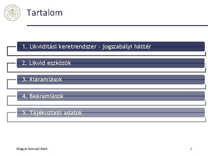 Tartalom 1. Likviditási keretrendszer - jogszabályi háttér 2. Likvid eszközök 3. Kiáramlások 4. Beáramlások