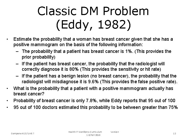 Classic DM Problem (Eddy, 1982) • • Estimate the probability that a woman has