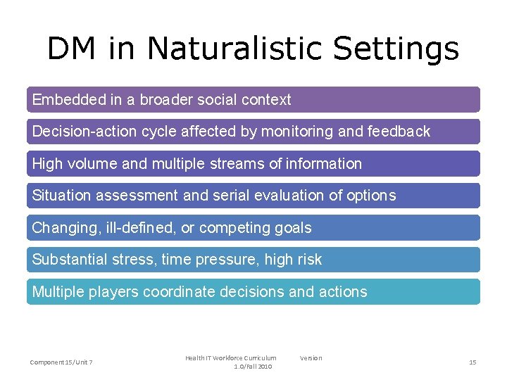 DM in Naturalistic Settings Embedded in a broader social context Decision-action cycle affected by