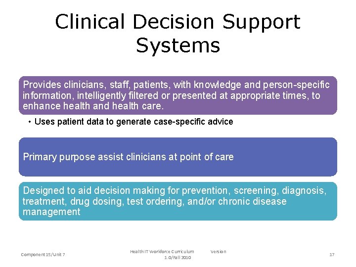 Clinical Decision Support Systems Provides clinicians, staff, patients, with knowledge and person-specific information, intelligently