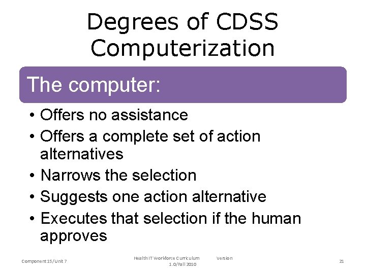 Degrees of CDSS Computerization The computer: • Offers no assistance • Offers a complete