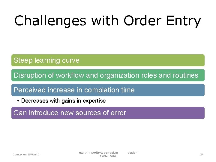 Challenges with Order Entry Steep learning curve Disruption of workflow and organization roles and