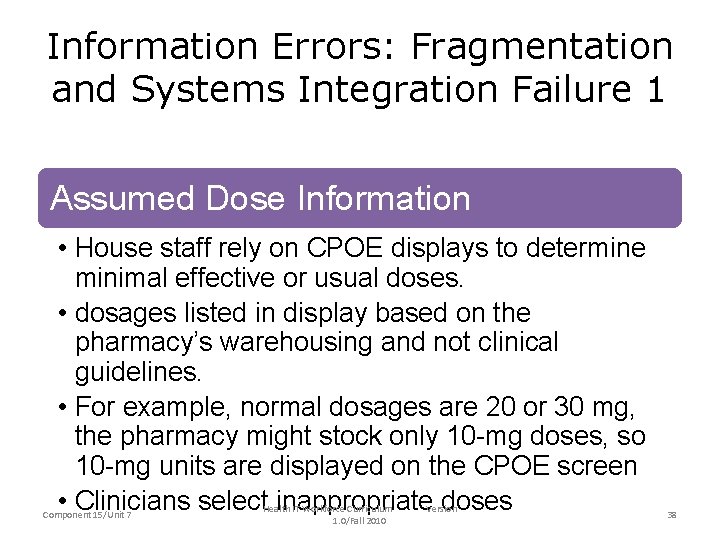 Information Errors: Fragmentation and Systems Integration Failure 1 Assumed Dose Information • House staff