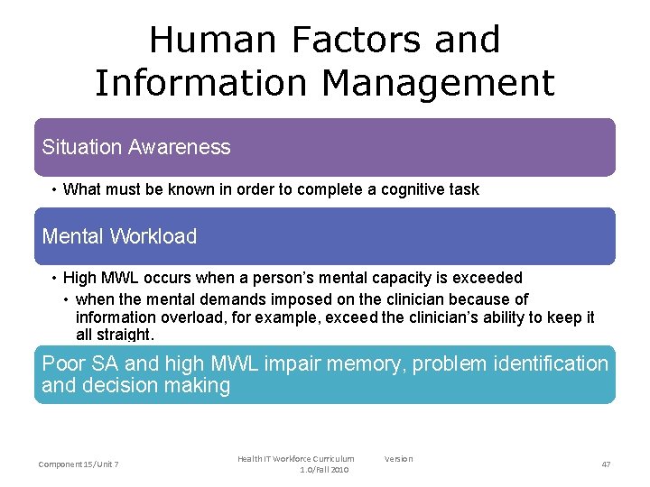 Human Factors and Information Management Situation Awareness • What must be known in order