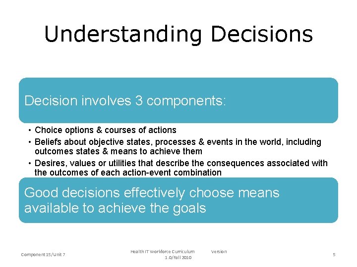 Understanding Decisions Decision involves 3 components: • Choice options & courses of actions •