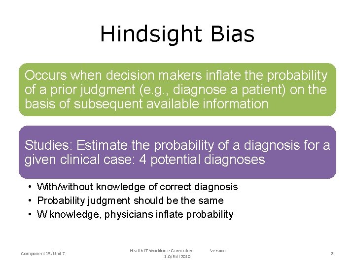 Hindsight Bias Occurs when decision makers inflate the probability of a prior judgment (e.