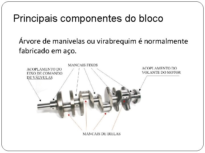 Principais componentes do bloco Árvore de manivelas ou virabrequim é normalmente fabricado em aço.