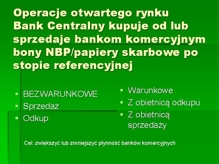 Operacje otwartego rynku Bank Centralny kupuje od lub sprzedaje bankom komercyjnym bony NBP/papiery skarbowe