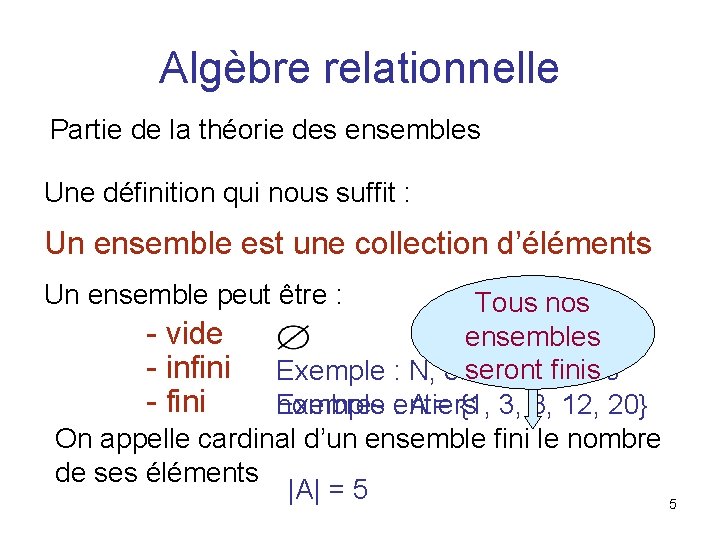 Algèbre relationnelle Partie de la théorie des ensembles Une définition qui nous suffit :