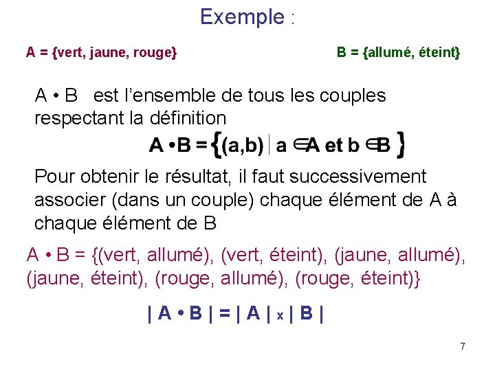 Exemple : A = {vert, jaune, rouge} B = {allumé, éteint} A • B
