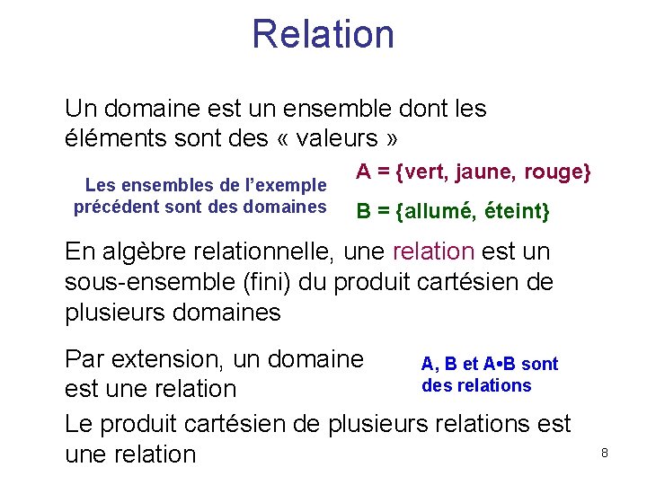 Relation Un domaine est un ensemble dont les éléments sont des « valeurs »
