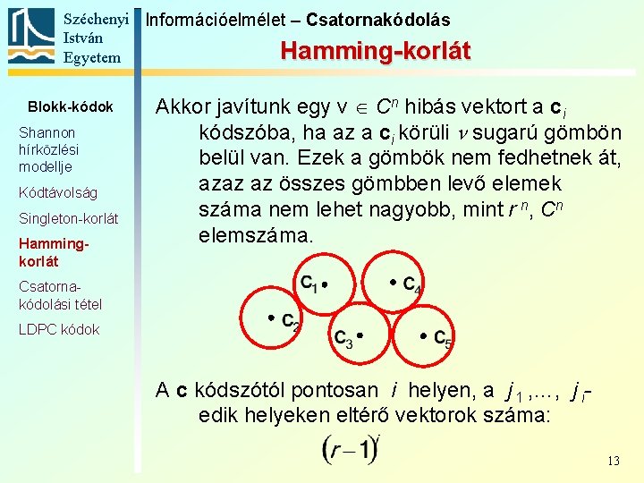 Széchenyi Információelmélet – Csatornakódolás István Hamming-korlát Egyetem Blokk-kódok Shannon hírközlési modellje Kódtávolság Singleton-korlát Hammingkorlát