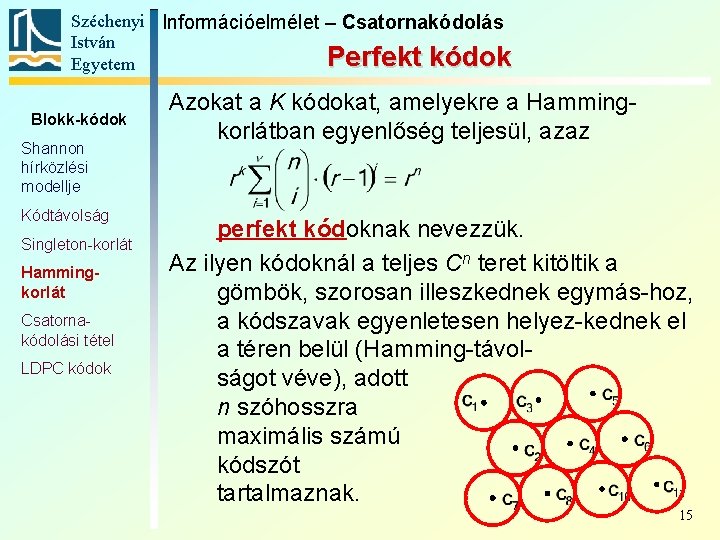 Széchenyi Információelmélet – Csatornakódolás István Perfekt kódok Egyetem Blokk-kódok Shannon hírközlési modellje Kódtávolság Singleton-korlát