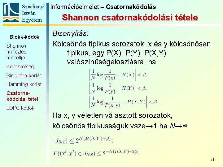 Széchenyi Információelmélet – Csatornakódolás István Shannon csatornakódolási Egyetem Blokk-kódok Shannon hírközlési modellje Kódtávolság tétele